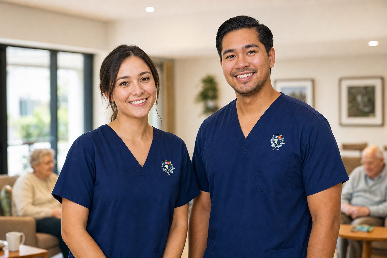 Two care workers in matching navy uniforms with an embroidered chest logo