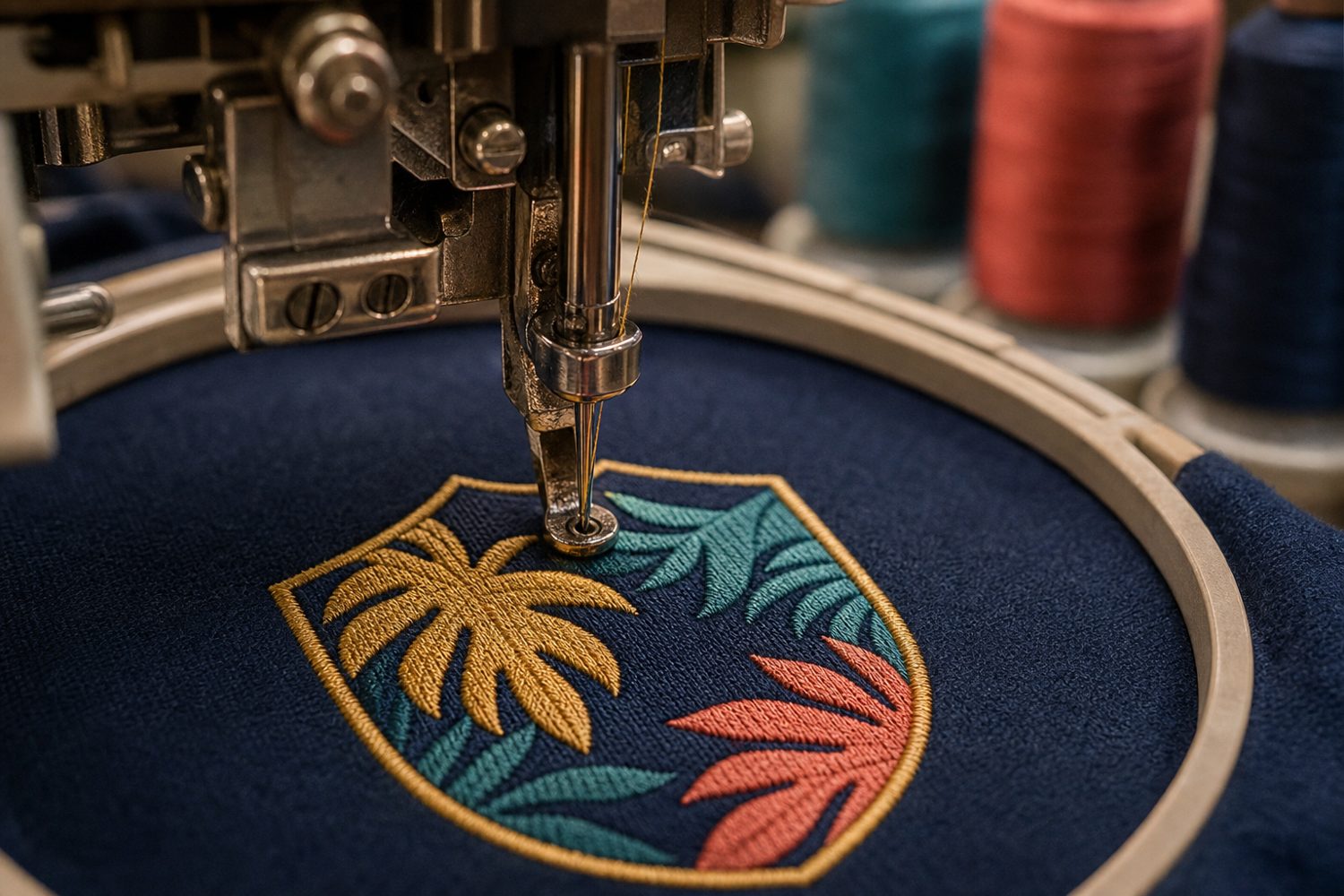Close-up of an embroidery machine stitching a colourful shield emblem onto navy fabric