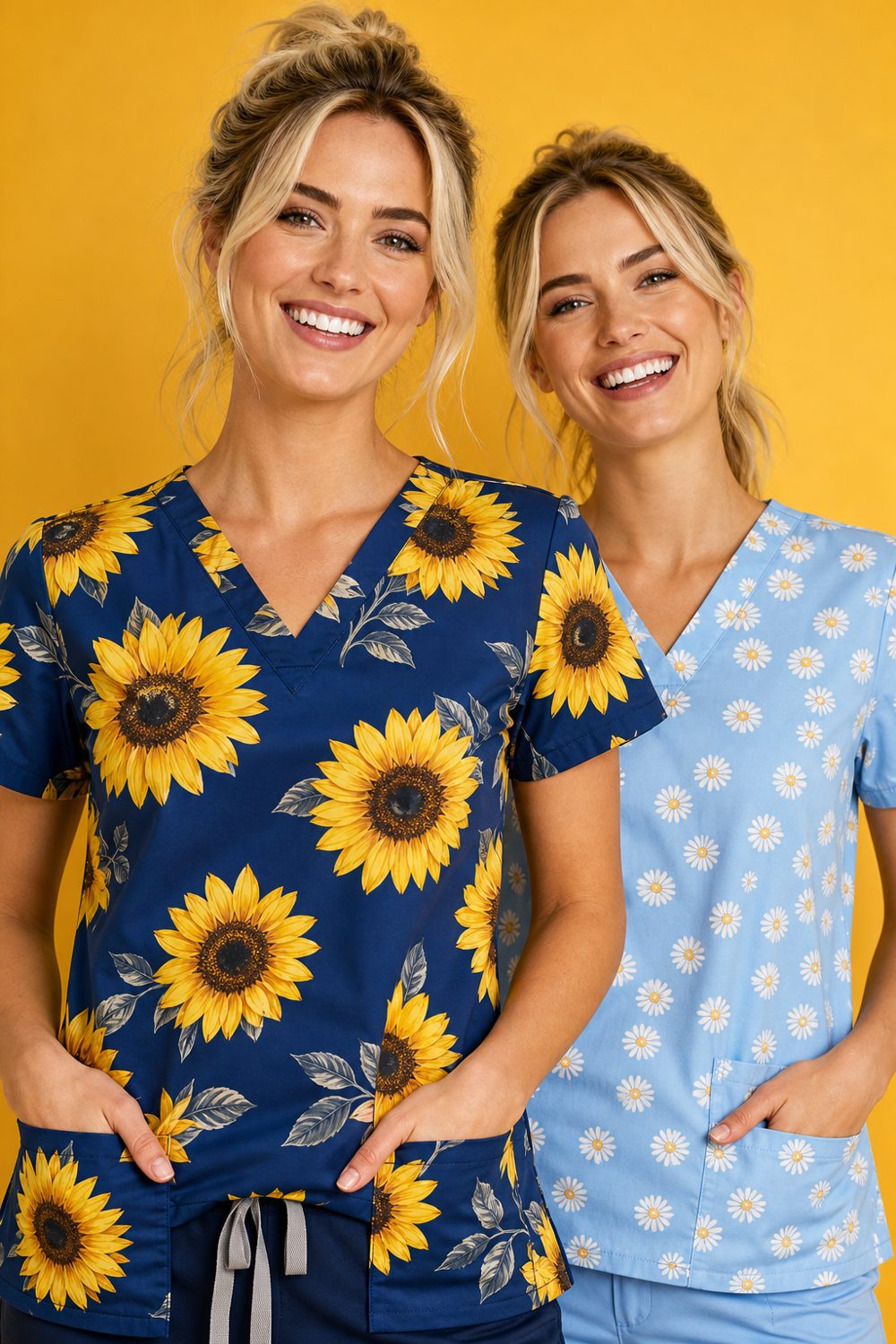 Two care workers smiling in Printed Fun Scrubs, one in a navy sunflower print and one in a light blue daisy print