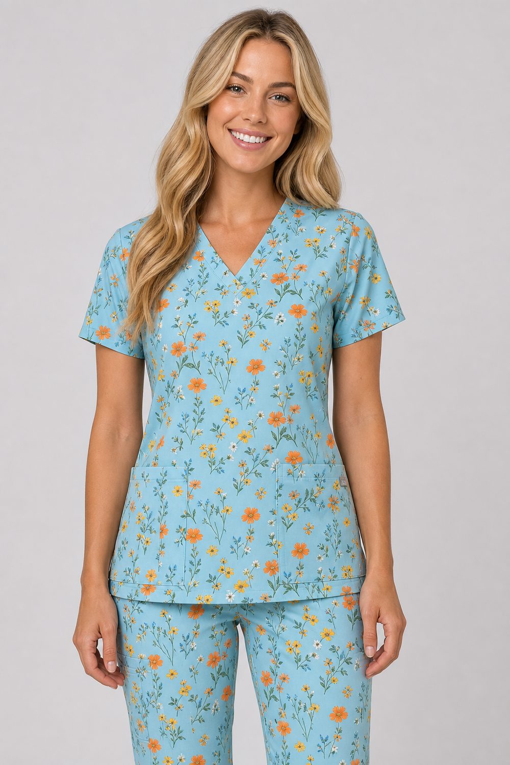 Care worker wearing Printed Fun Scrubs in the light blue wildflower print with matching trousers