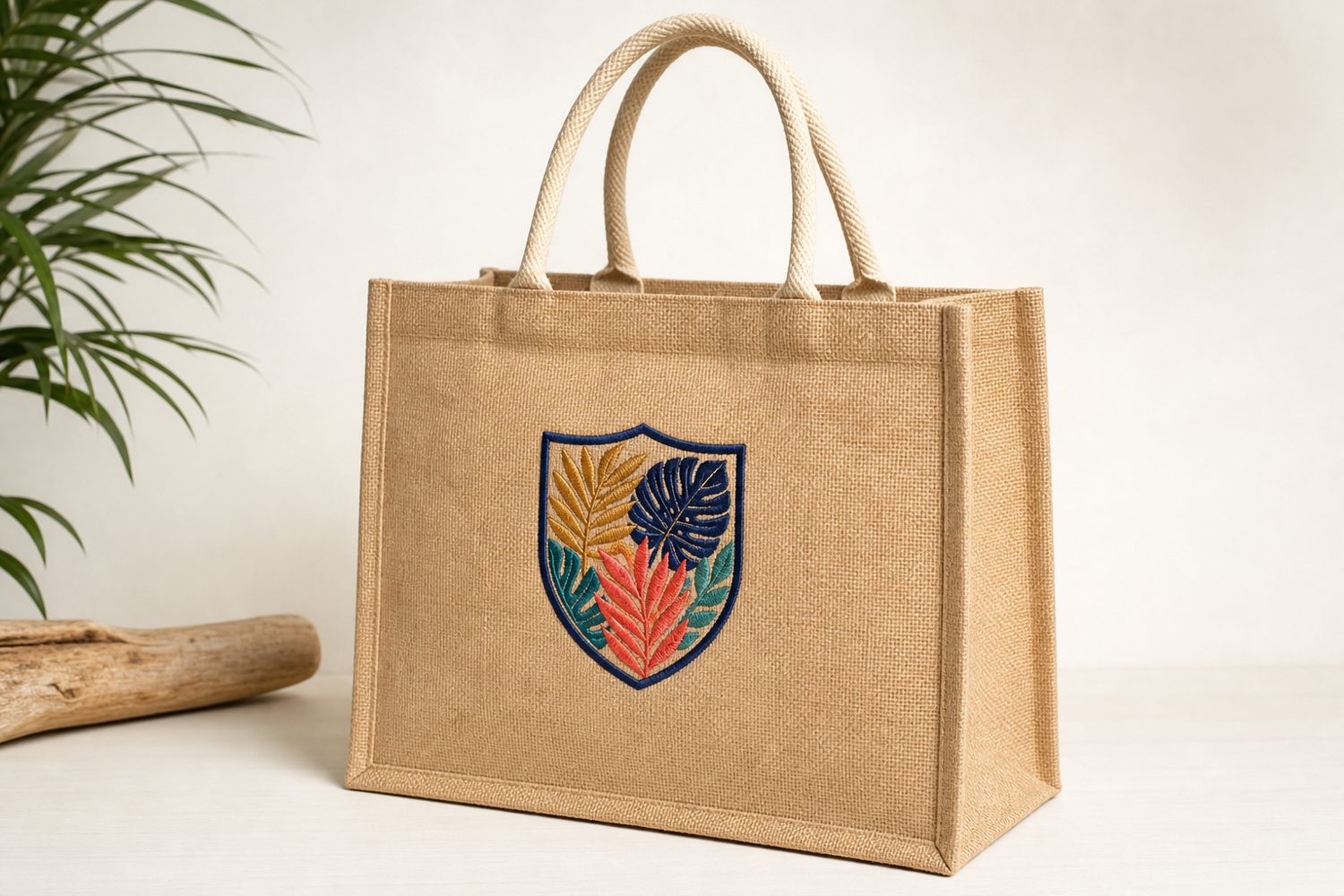Natural jute tote bag with an embroidered company logo