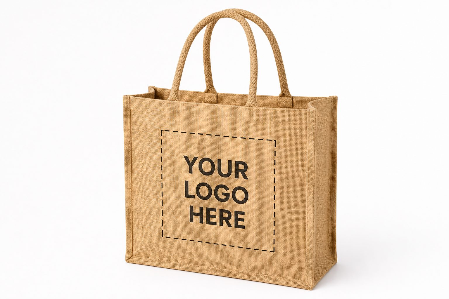 Jute tote bag mockup with a placeholder reading YOUR LOGO HERE on the front panel
