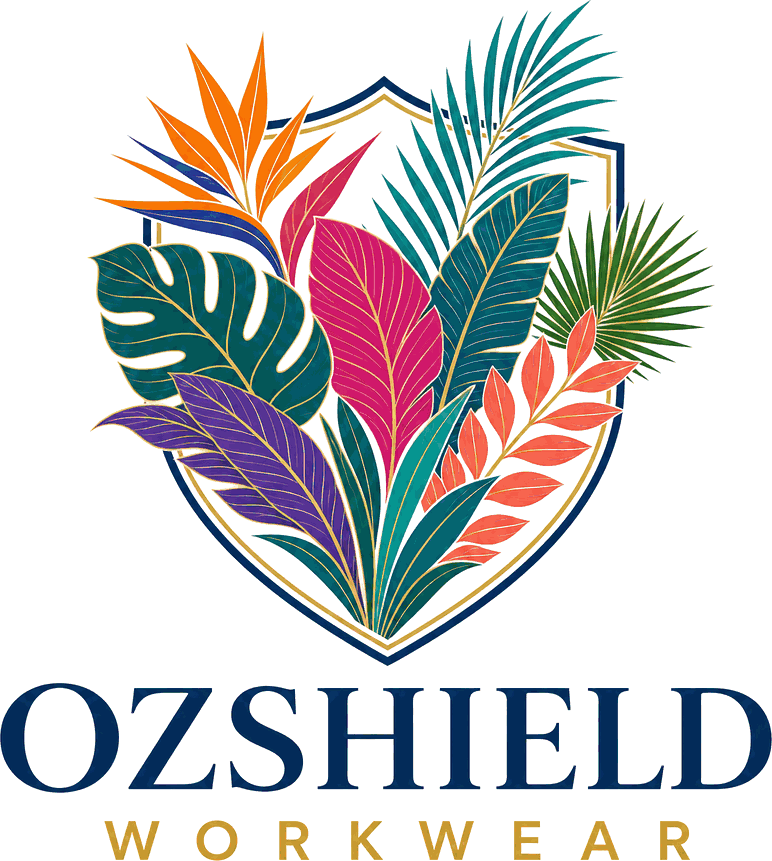 OzShield Workwear logo: a shield filled with colourful foliage above the words OzShield Workwear