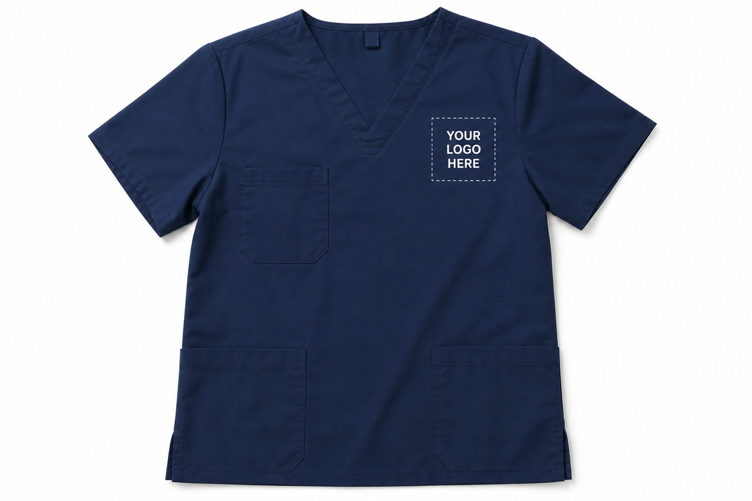 Navy scrub top mockup with a placeholder reading YOUR LOGO HERE on the chest